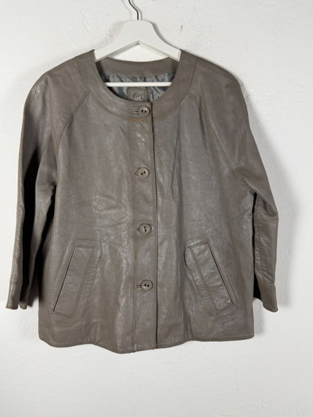 J.Jill Women's Large Taupe Genuine Leather Jacket Collarless Button Front Lined